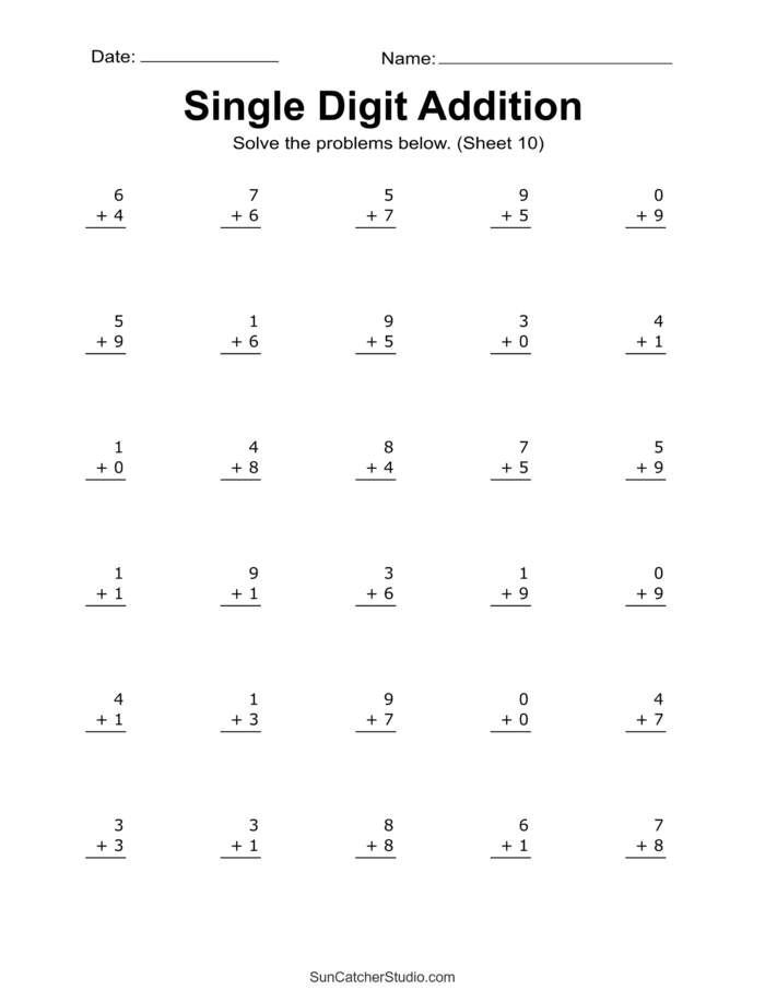 Minute Math Addition Worksheets for First Grade