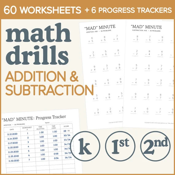 Minute Math Addition Worksheets for First Grade