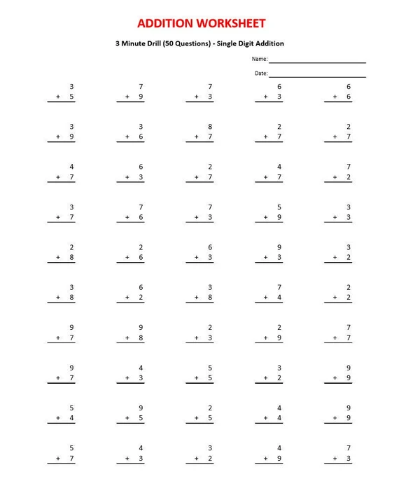 Minute Math Addition Worksheets for First Grade