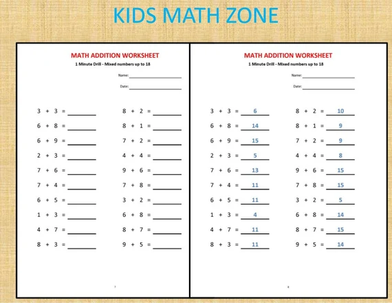 Minute Math Addition Worksheets for First Grade