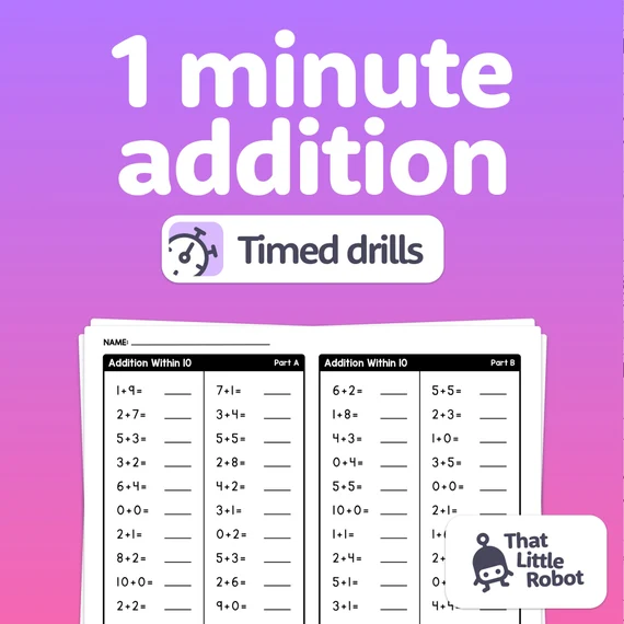 Minute Math Addition Worksheets for First Grade