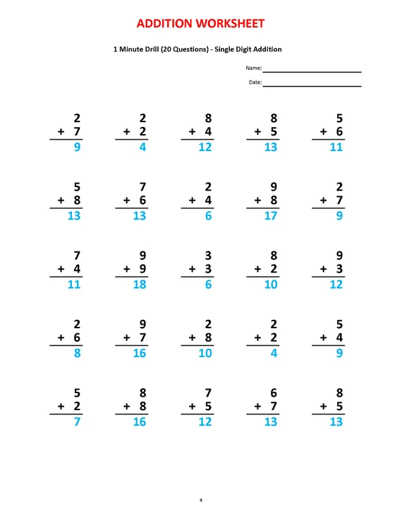 Minute Math Addition Worksheets for First Grade