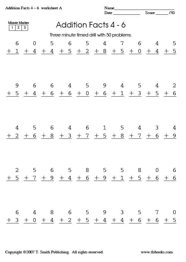 Minute Math Addition Worksheets for First Grade