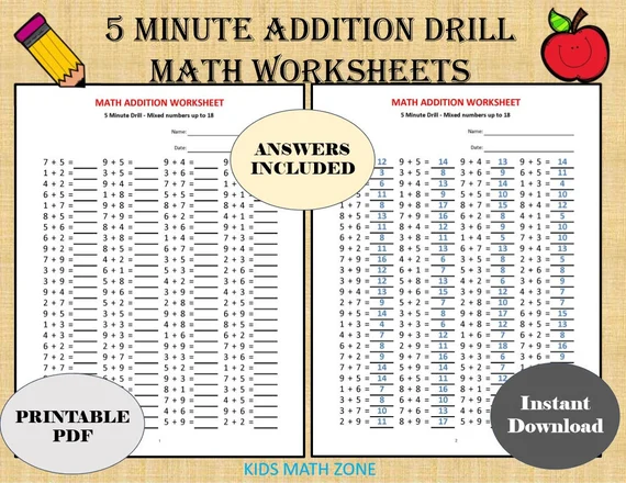 Minute Math Addition Worksheets for First Grade