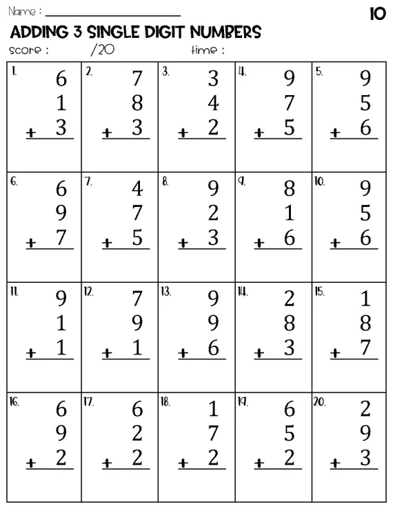 Minute Math Addition Worksheets for First Grade