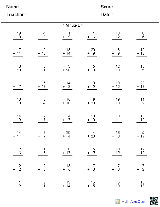 Minute Math Addition Worksheets for First Grade