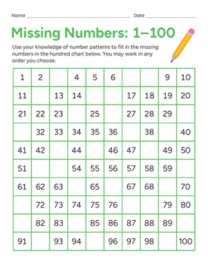 Missing Numbers 1-100 Worksheets for Kids