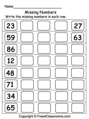 Missing Numbers 1-100 Worksheets for Kids