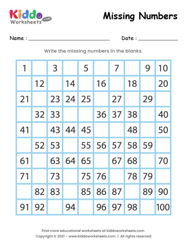 Missing Numbers 1-100 Worksheets for Kids