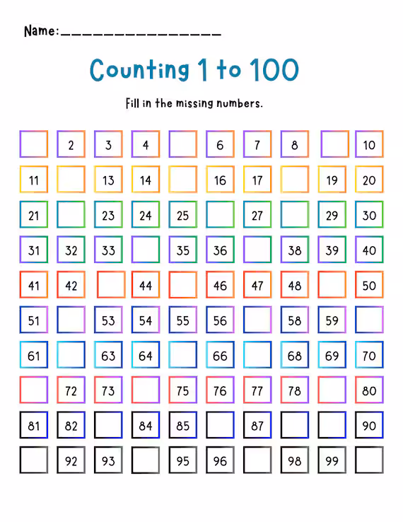 Missing Numbers 1-100 Worksheets for Kids
