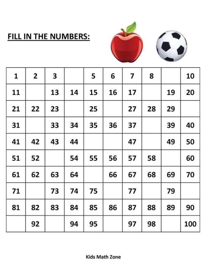 Missing Numbers 1-100 Worksheets for Kids