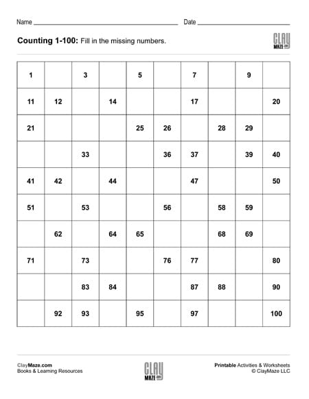 Missing Numbers 1-100 Worksheets for Kids