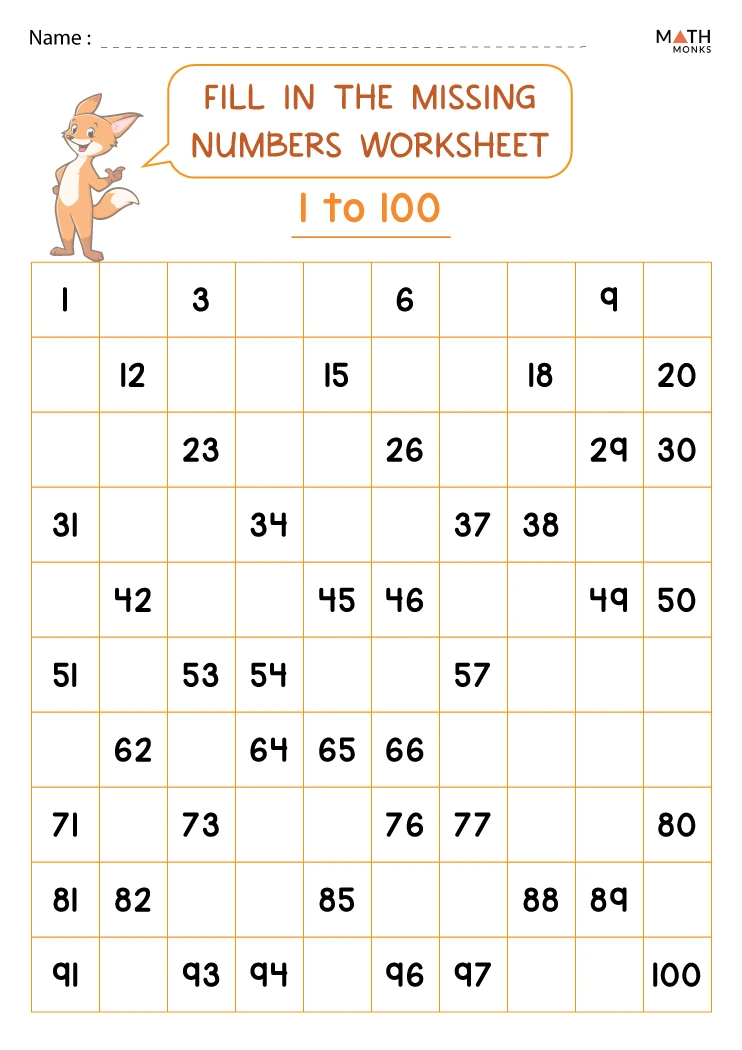 Missing Numbers 1-100 Worksheets for Kids