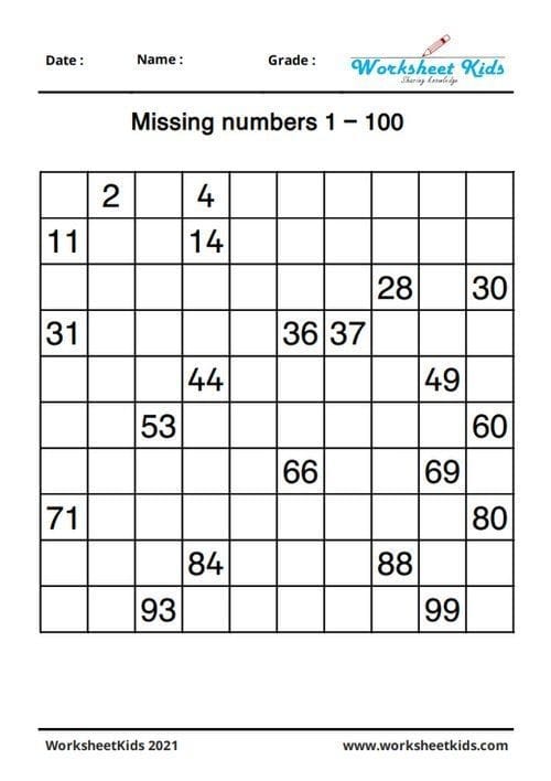 Missing Numbers 1-100 Worksheets for Kids