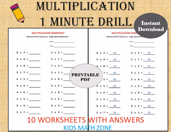 Quick 1 Minute Multiplication Worksheets for 3rd Grade
