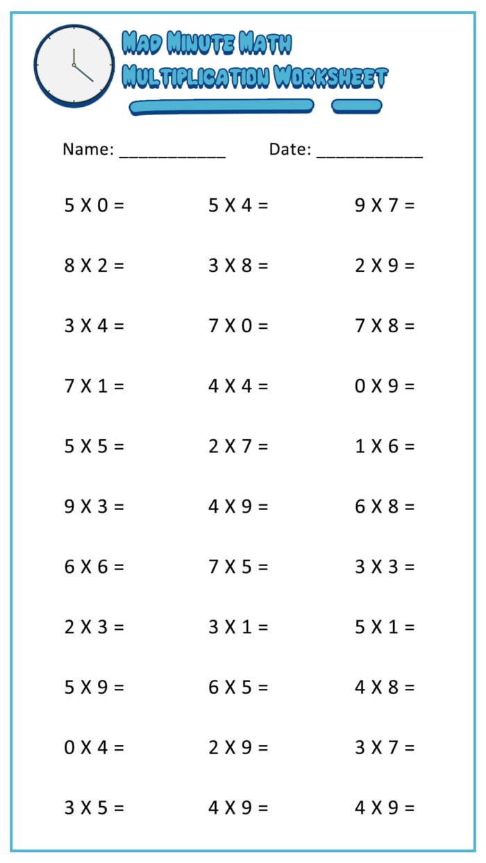 Quick 1 Minute Multiplication Worksheets for 3rd Grade