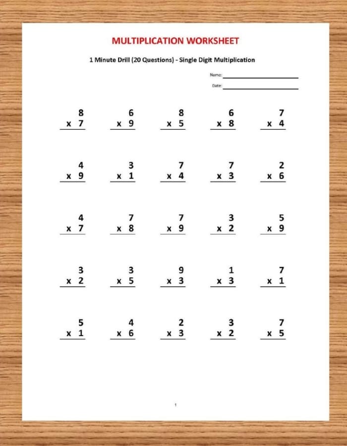 Quick 1 Minute Multiplication Worksheets for 3rd Grade