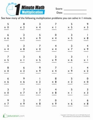 Quick 1 Minute Multiplication Worksheets for 3rd Grade